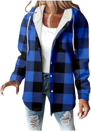 Fleece Hoodies For Women Warm Print Sweatshirt Button Lined Drawstring Hooded Jacket Coat