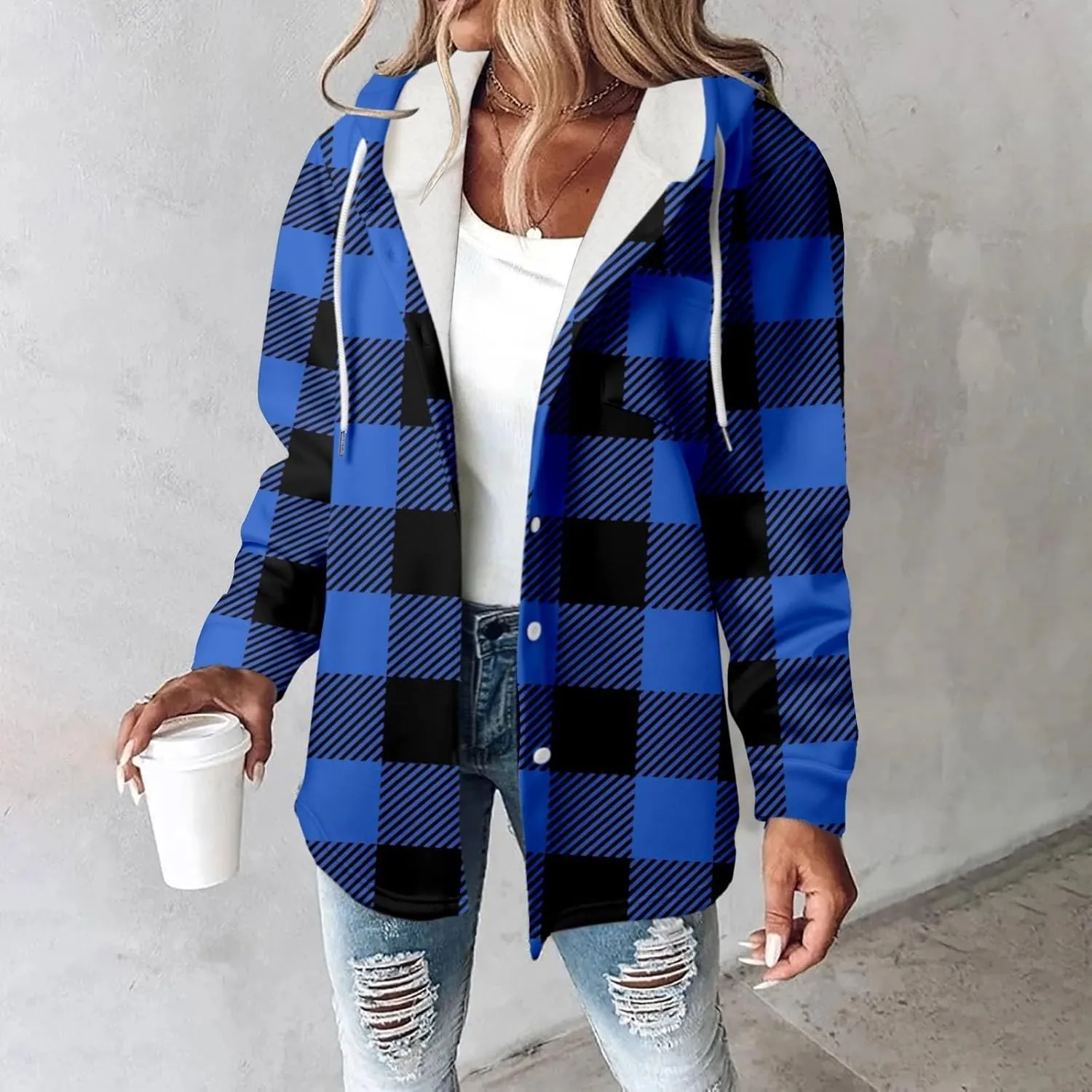 Fleece Hoodies For Women Warm Print Sweatshirt Button Lined Drawstring Hooded Jacket Coat