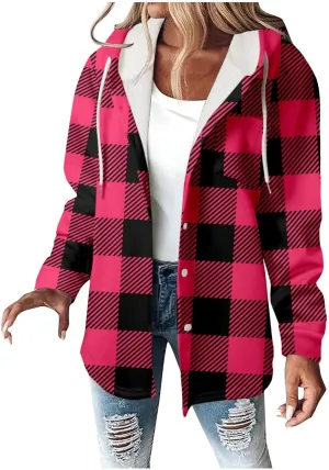 Fleece Hoodies For Women Warm Print Sweatshirt Button Lined Drawstring Hooded Jacket Coat