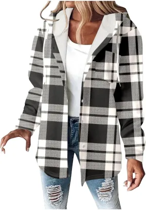 Fleece Hoodies For Women Warm Print Sweatshirt Button Lined Drawstring Hooded Jacket Coat