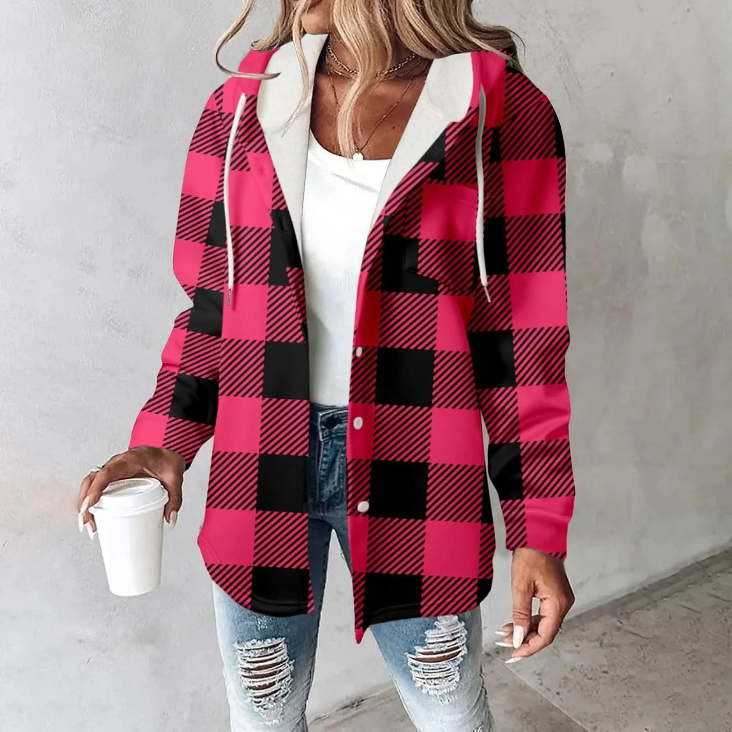 Fleece Hoodies For Women Warm Print Sweatshirt Button Lined Drawstring Hooded Jacket Coat