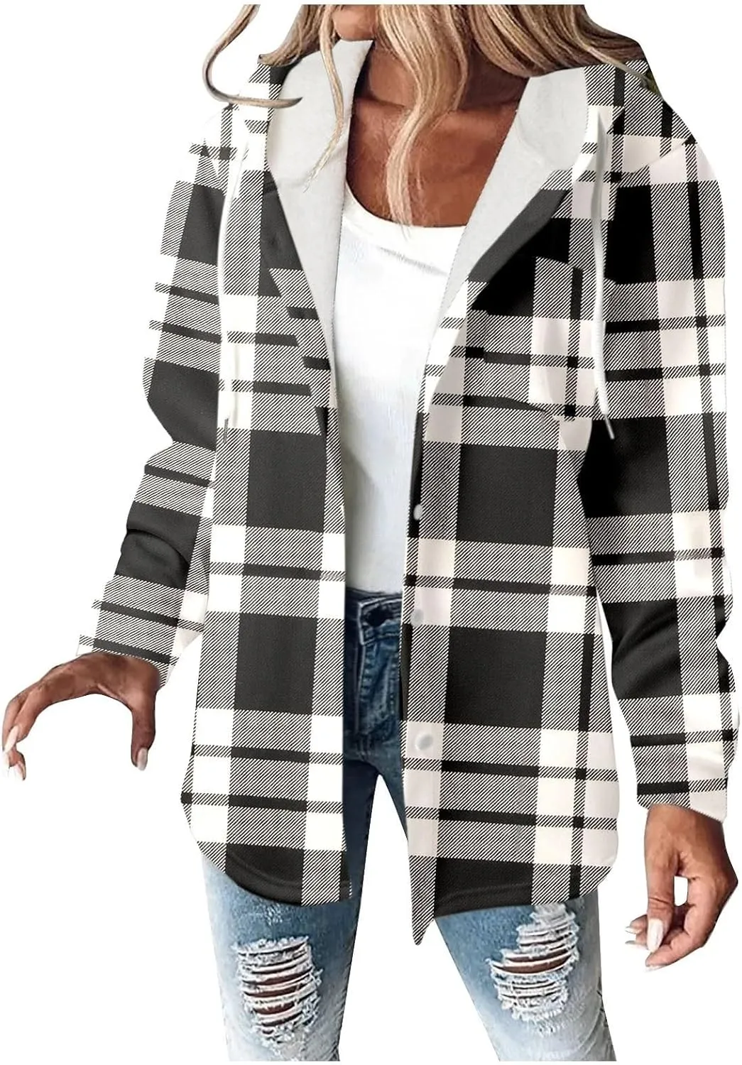 Fleece Hoodies For Women Warm Print Sweatshirt Button Lined Drawstring Hooded Jacket Coat