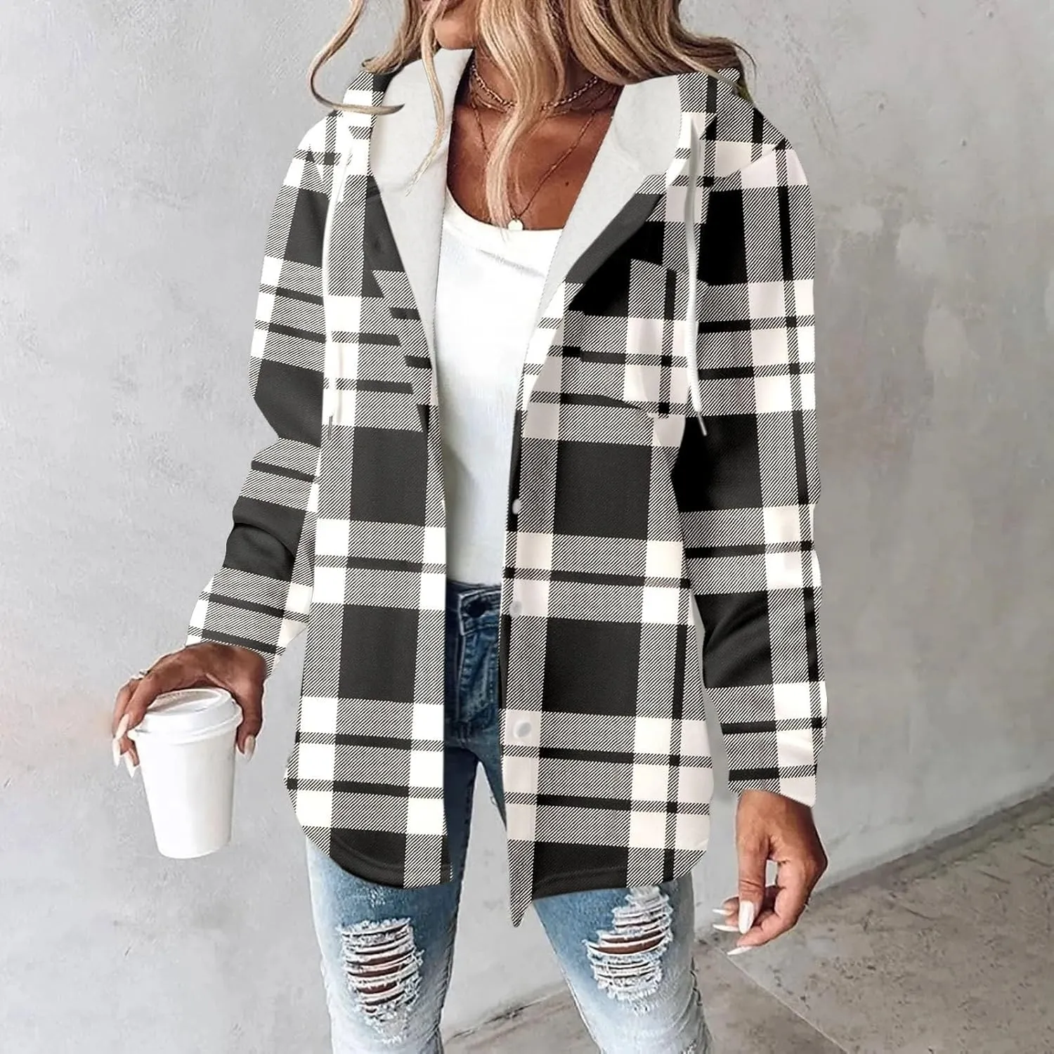 Fleece Hoodies For Women Warm Print Sweatshirt Button Lined Drawstring Hooded Jacket Coat