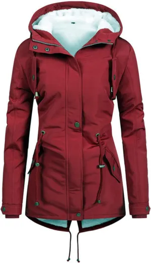 Fleece Lined Winter Jacket Women Drawstring Waist Jacket Hooded Down Coat Plus Size Warm Jacket Military Anorak Jacket