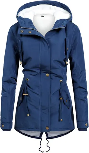 Fleece Lined Winter Jacket Women Drawstring Waist Jacket Hooded Down Coat Plus Size Warm Jacket Military Anorak Jacket