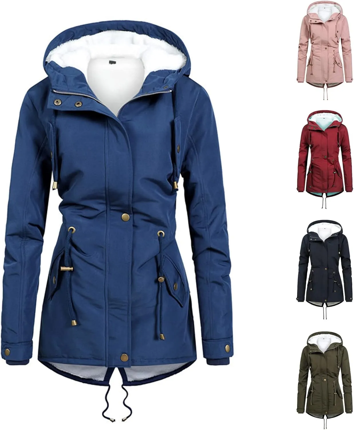 Fleece Lined Winter Jacket Women Drawstring Waist Jacket Hooded Down Coat Plus Size Warm Jacket Military Anorak Jacket