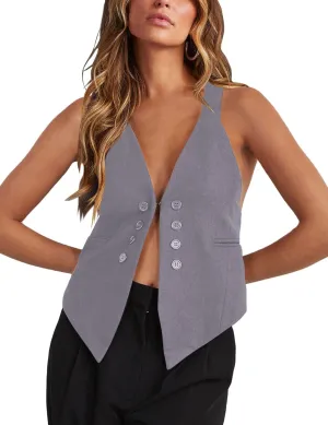 Floral Find Women's Casual Versatile Button Up Sleeveless Vest Sexy V Neck Jacket Waistcoat