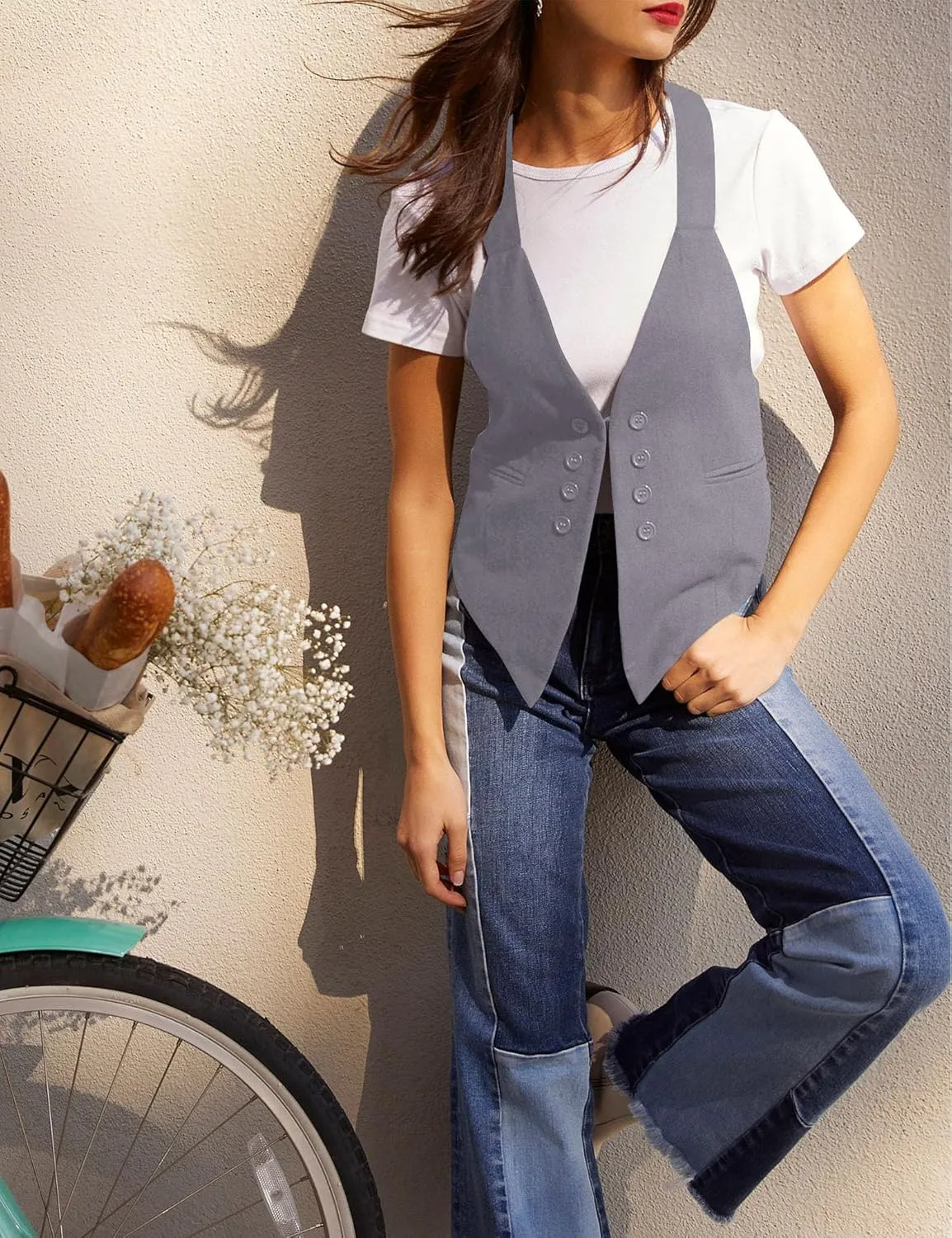 Floral Find Women's Casual Versatile Button Up Sleeveless Vest Sexy V Neck Jacket Waistcoat