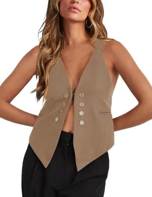 Floral Find Women's Casual Versatile Button Up Sleeveless Vest Sexy V Neck Jacket Waistcoat