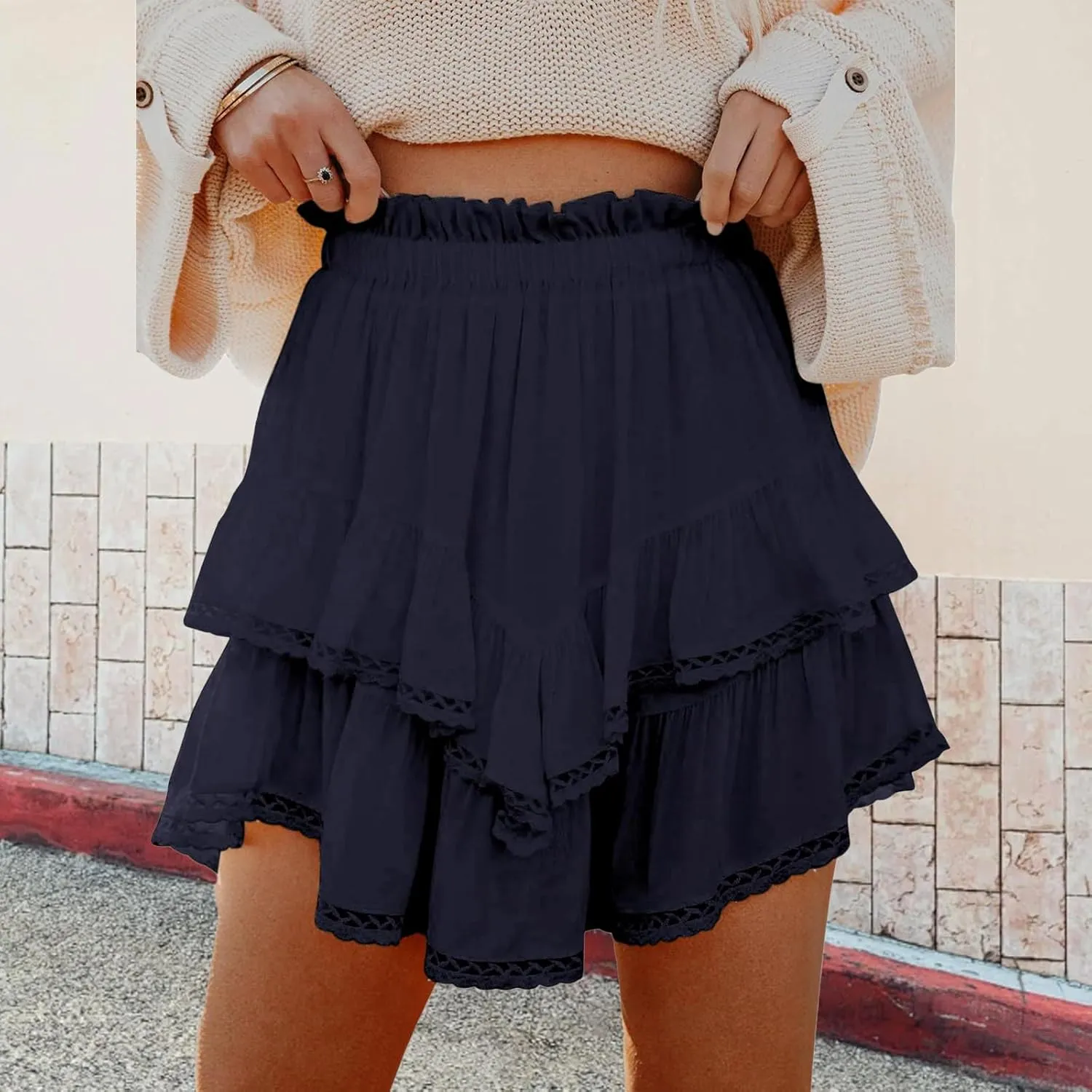 Flowy Boho Skorts for Women, High Waist Ruffle Tiered Mini Skirts with Built, Crochet, Cute Versatile Shorts