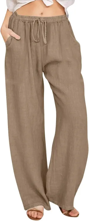 Flowy Pants for Women Workout, White Pants Trousers High Waisted Straight Leg Summer Linen Cotton Palazzo