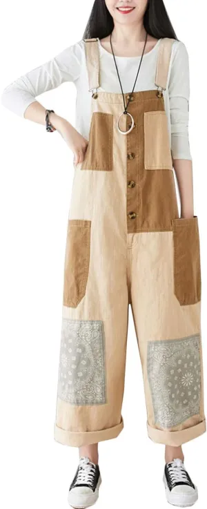 Flygo Women's Baggy Denim Wide Leg Drop Crotch Splicing Overalls Jumpsuit Romper Harem Pants (One Size, Style 33 Khaki)