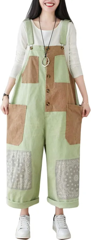 Flygo Women's Baggy Denim Wide Leg Drop Crotch Splicing Overalls Jumpsuit Romper Harem Pants (One Size, Style 33 Light Green)