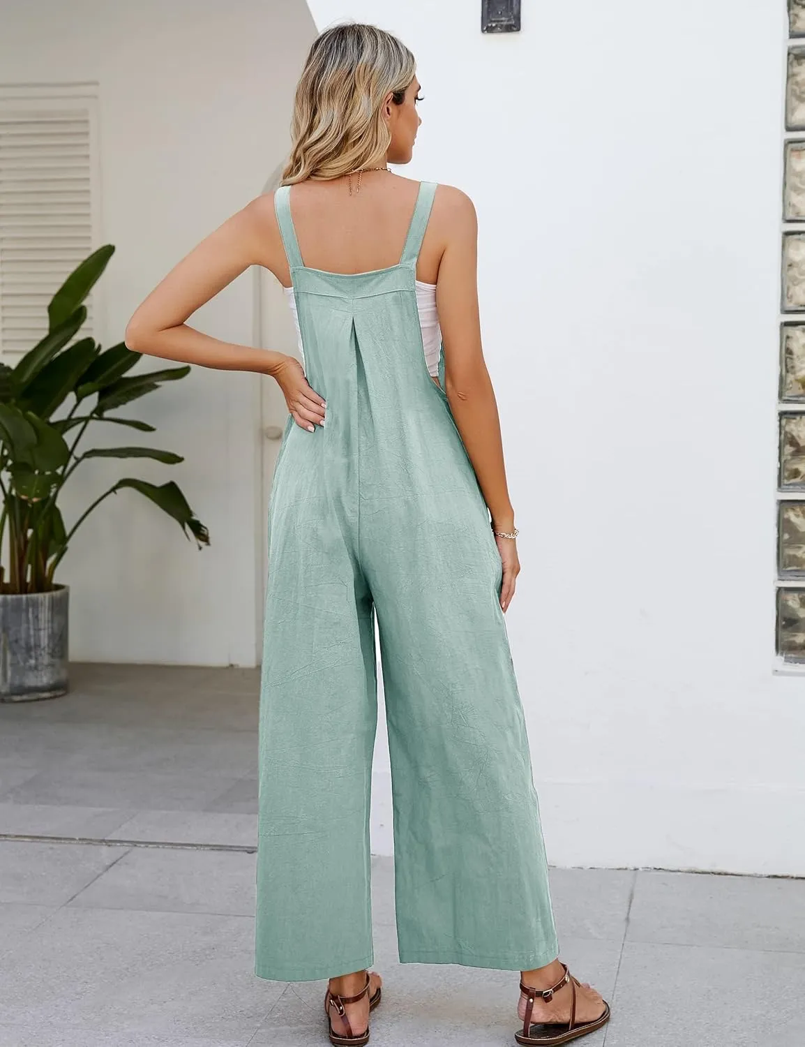Flygo Womens Cotton Bib Overalls Loose Fit Wide Leg Jumpsuits Casual Rompers with Pockets