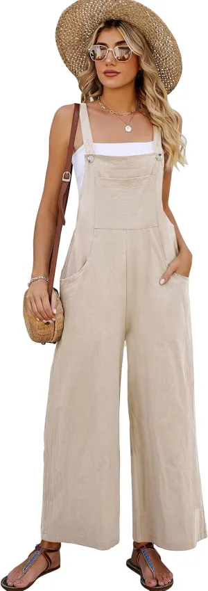 Flygo Womens Cotton Bib Overalls Loose Fit Wide Leg Jumpsuits Casual Rompers with Pockets