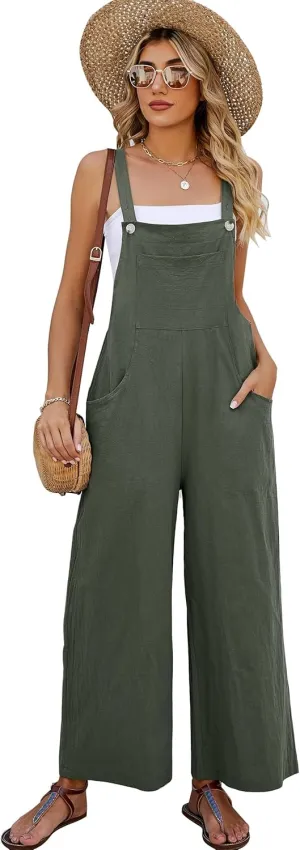 Flygo Womens Cotton Bib Overalls Loose Fit Wide Leg Jumpsuits Casual Rompers with Pockets