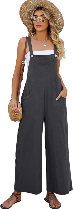 Flygo Womens Cotton Bib Overalls Loose Fit Wide Leg Jumpsuits Casual Rompers with Pockets