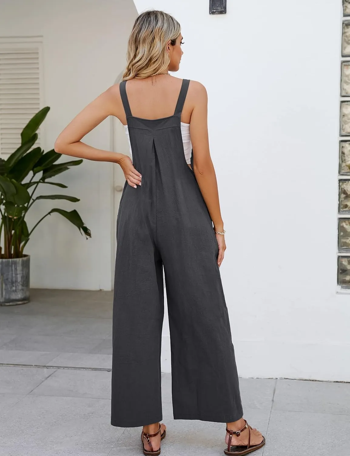 Flygo Womens Cotton Bib Overalls Loose Fit Wide Leg Jumpsuits Casual Rompers with Pockets
