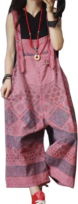 Flygo Women's Loose Baggy Cotton Wide Leg Drop Crotch Overalls Jumpsuits Rompers Harem Pants