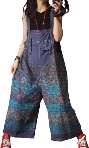 Flygo Women's Loose Baggy Cotton Wide Leg Drop Crotch Overalls Jumpsuits Rompers Harem Pants