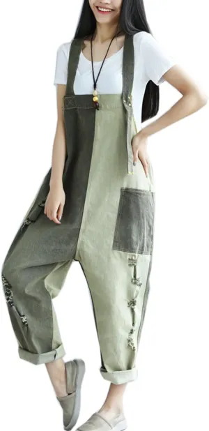 Flygo Women's Loose Baggy Denim Ripped Wide Leg Jumpsuit Rompers Overalls Harem Pants (One Size, Grey)