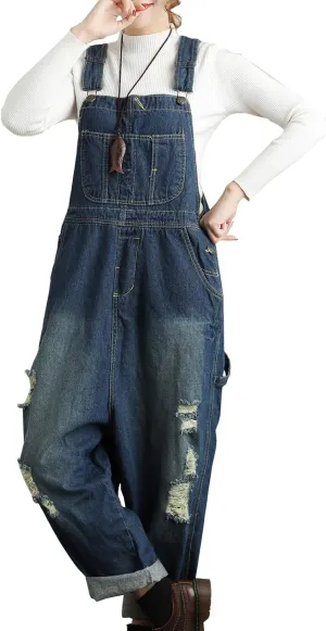 Flygo Women's Loose Baggy Denim Ripped Wide Leg Jumpsuit Rompers Overalls Harem Pants (One Size (US 8-12), Style 06 Blue)