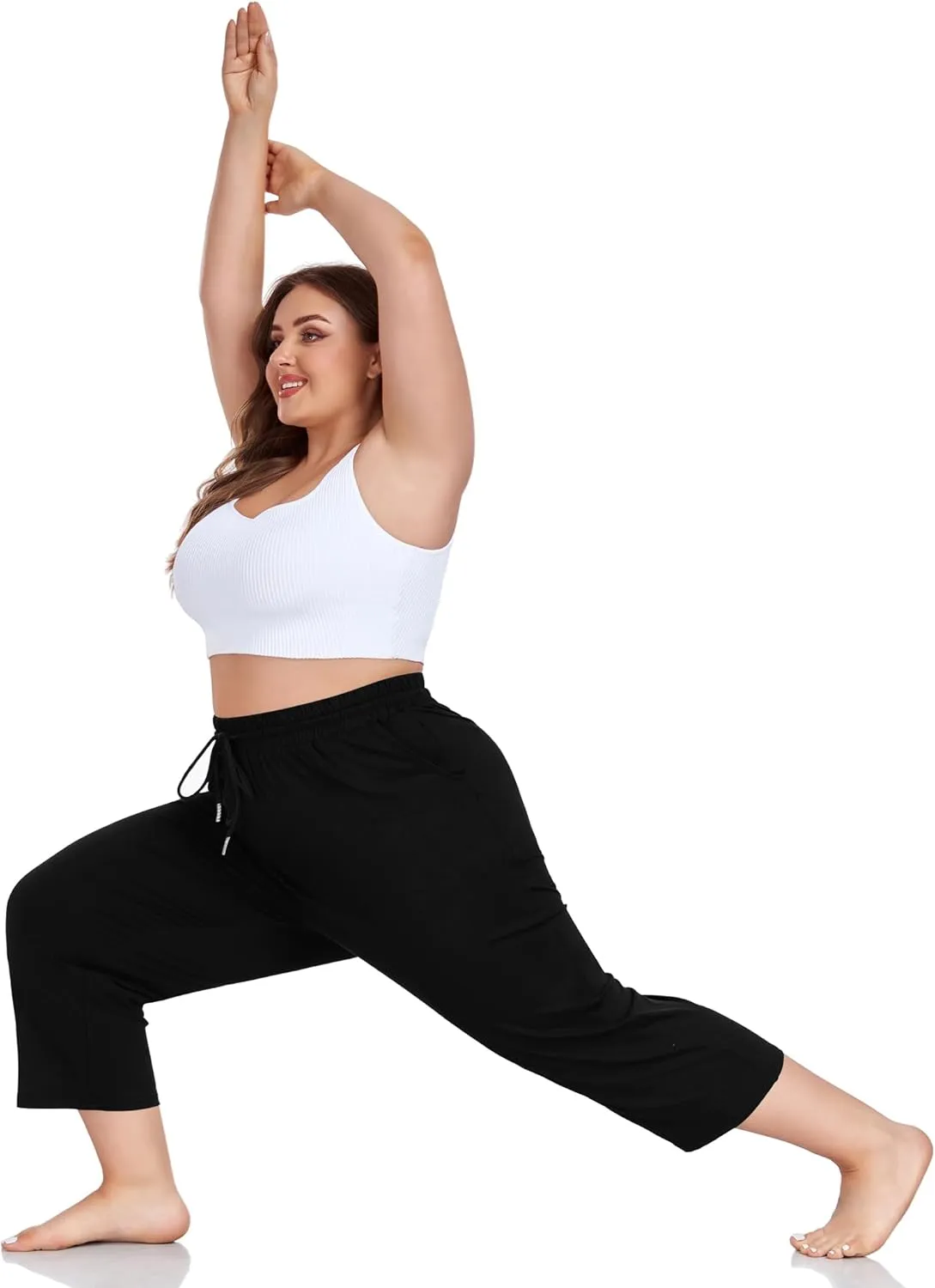 FOREYOND Plus Size Capri Pants for Women Loose Fit Yoga Pants Wide Leg Drawstring Sweat Pants Active Casual with Pockets