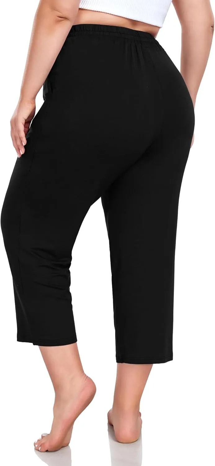 FOREYOND Plus Size Capri Pants for Women Loose Fit Yoga Pants Wide Leg Drawstring Sweat Pants Active Casual with Pockets