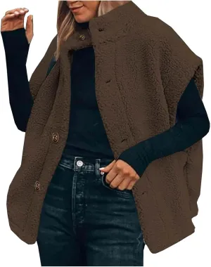 Fuzzy Fleece Vest for Women Casual Plus Size Button Down Sleeveless Jackets Loose Winter Warm Sherpa Vests Coat with Pockets