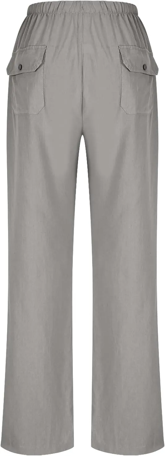 FZYLQY Wide Leg Linen Pants Women Summer Casual 2025 Drawstring High Waisted Trousers with Pockets Plus Size Comfy Pants