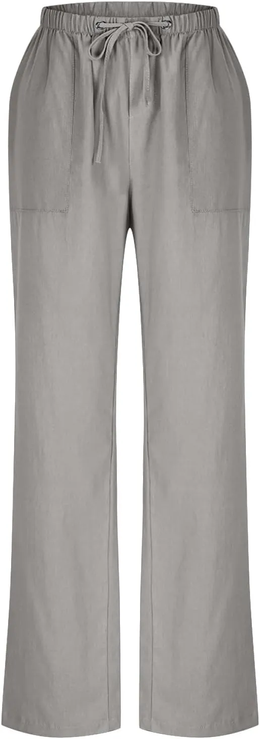 FZYLQY Wide Leg Linen Pants Women Summer Casual 2025 Drawstring High Waisted Trousers with Pockets Plus Size Comfy Pants