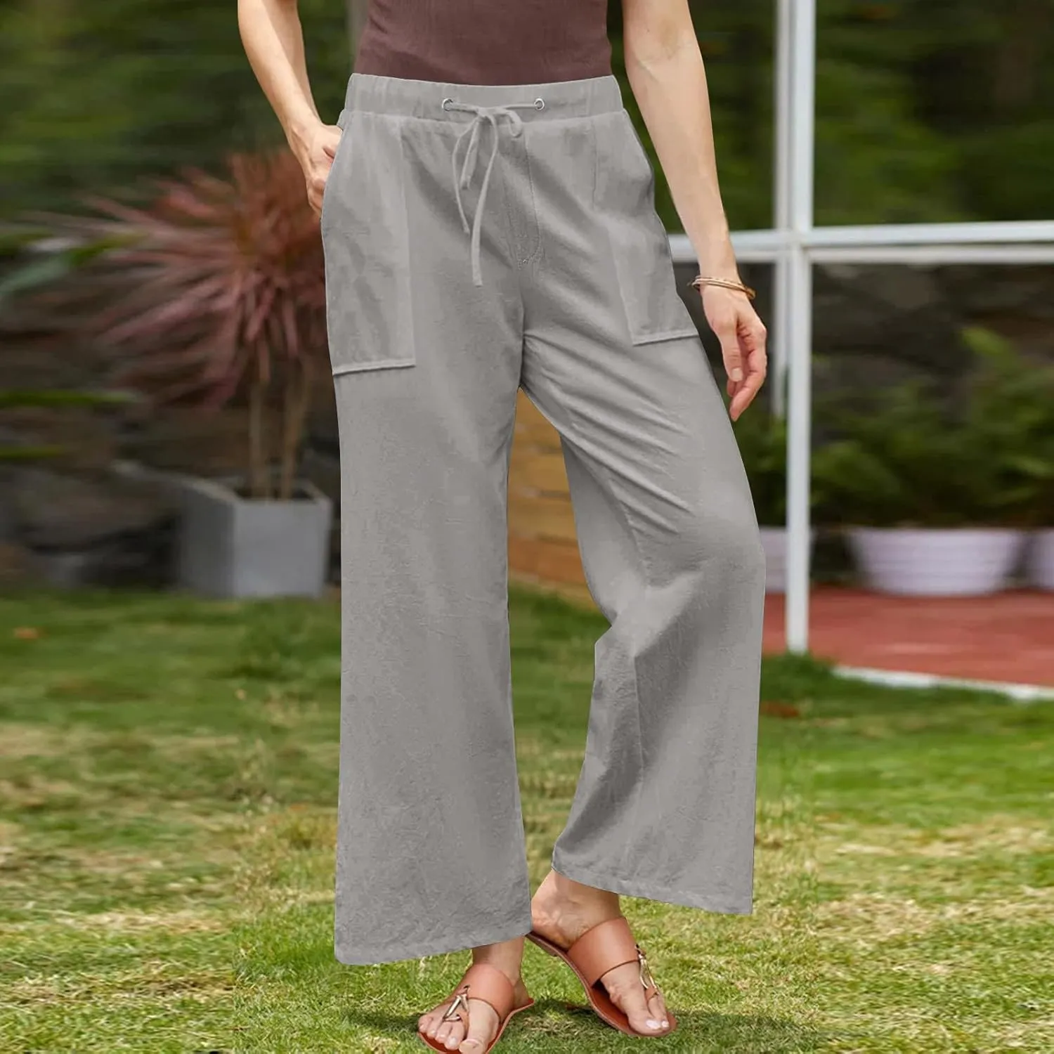 FZYLQY Wide Leg Linen Pants Women Summer Casual 2025 Drawstring High Waisted Trousers with Pockets Plus Size Comfy Pants