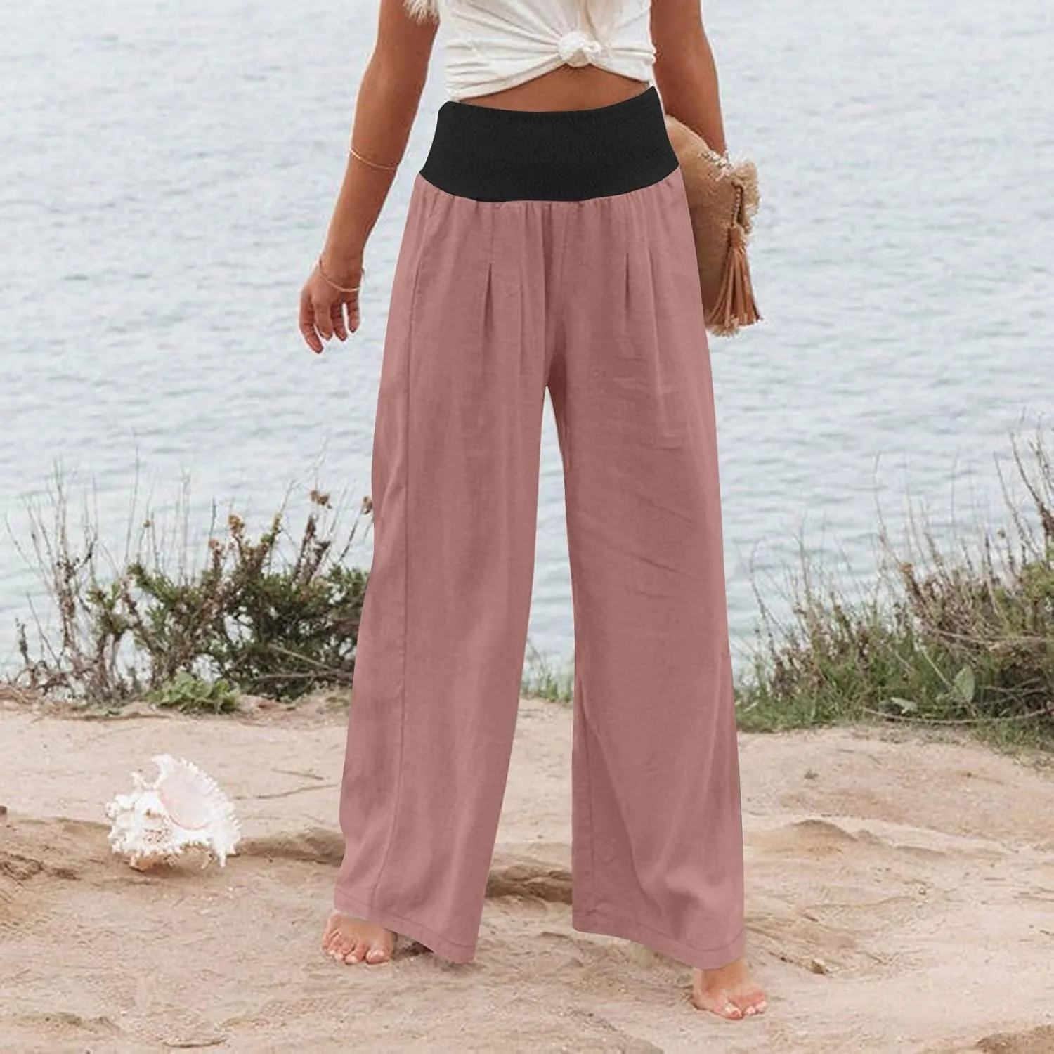 FZYLQY Womens Linen Pants 2025 Summer Loose Fit Comfy Casual Pants Colorblock Smocked Waist Beach Trouser Pants with Pockets