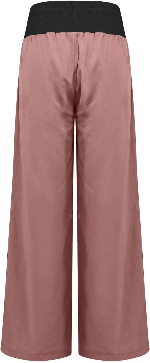 FZYLQY Womens Linen Pants 2025 Summer Loose Fit Comfy Casual Pants Colorblock Smocked Waist Beach Trouser Pants with Pockets
