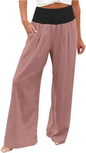 FZYLQY Womens Linen Pants 2025 Summer Loose Fit Comfy Casual Pants Colorblock Smocked Waist Beach Trouser Pants with Pockets