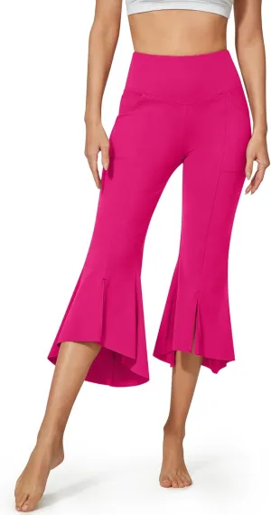 G4Free Stretch Capri Dress Yoga Pants for Women with Pockets Ruffle Bell Bottom Leggings
