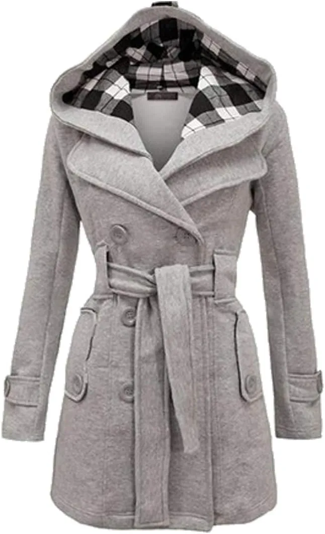 GORIFE Women Double Breasted Faux Fur Pea Coats Solid Thick Hooded Lapel Jackets With Belt