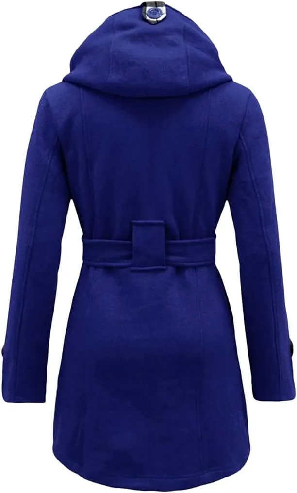 GORIFE Women Double Breasted Faux Fur Pea Coats Solid Thick Hooded Lapel Jackets With Belt