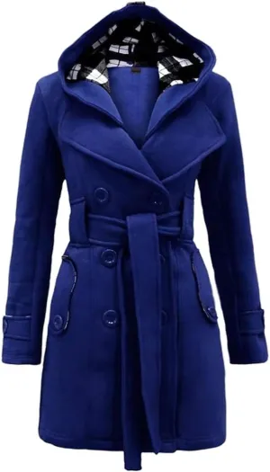 GORIFE Women Double Breasted Faux Fur Pea Coats Solid Thick Hooded Lapel Jackets With Belt