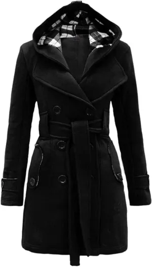 GORIFE Women Double Breasted Faux Fur Pea Coats Solid Thick Hooded Lapel Jackets With Belt