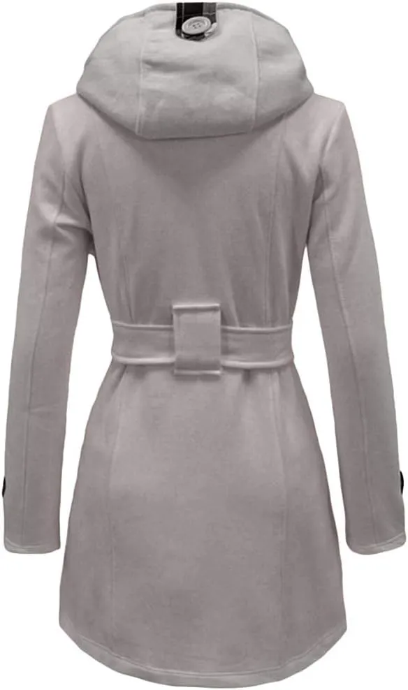 GORIFE Women Double Breasted Faux Fur Pea Coats Solid Thick Hooded Lapel Jackets With Belt