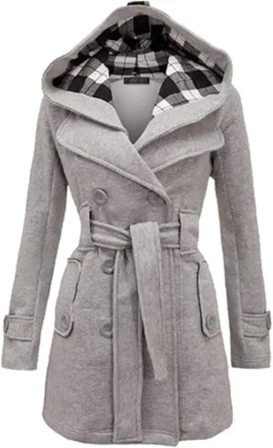 GORIFE Women Double Breasted Faux Fur Pea Coats Solid Thick Hooded Lapel Jackets With Belt