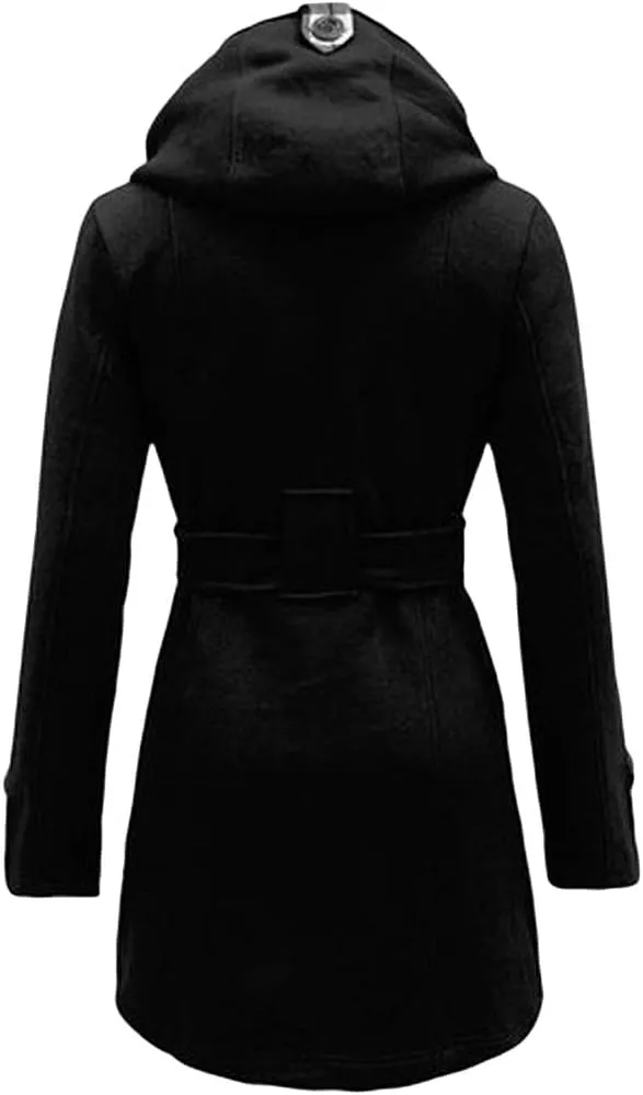 GORIFE Women Double Breasted Faux Fur Pea Coats Solid Thick Hooded Lapel Jackets With Belt