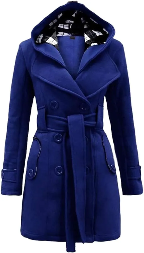 GORIFE Women Double Breasted Faux Fur Pea Coats Solid Thick Hooded Lapel Jackets With Belt
