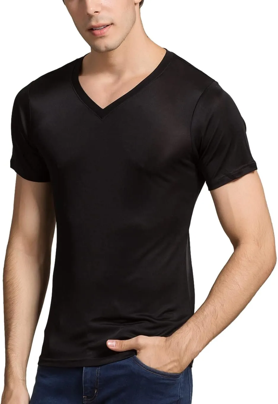 Grenasasilk Mens Mulberry Silk T-Shirts Short Sleeve Pure Silk Dress Tee Shirts Breathable & Moisture V-Neck Undershirt Top