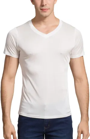 Grenasasilk Mens Mulberry Silk T-Shirts Short Sleeve Pure Silk Dress Tee Shirts Breathable & Moisture V-Neck Undershirt Top