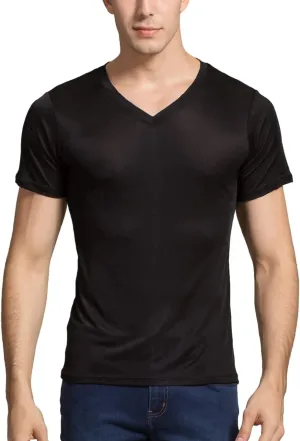Grenasasilk Mens Mulberry Silk T-Shirts Short Sleeve Pure Silk Dress Tee Shirts Breathable & Moisture V-Neck Undershirt Top