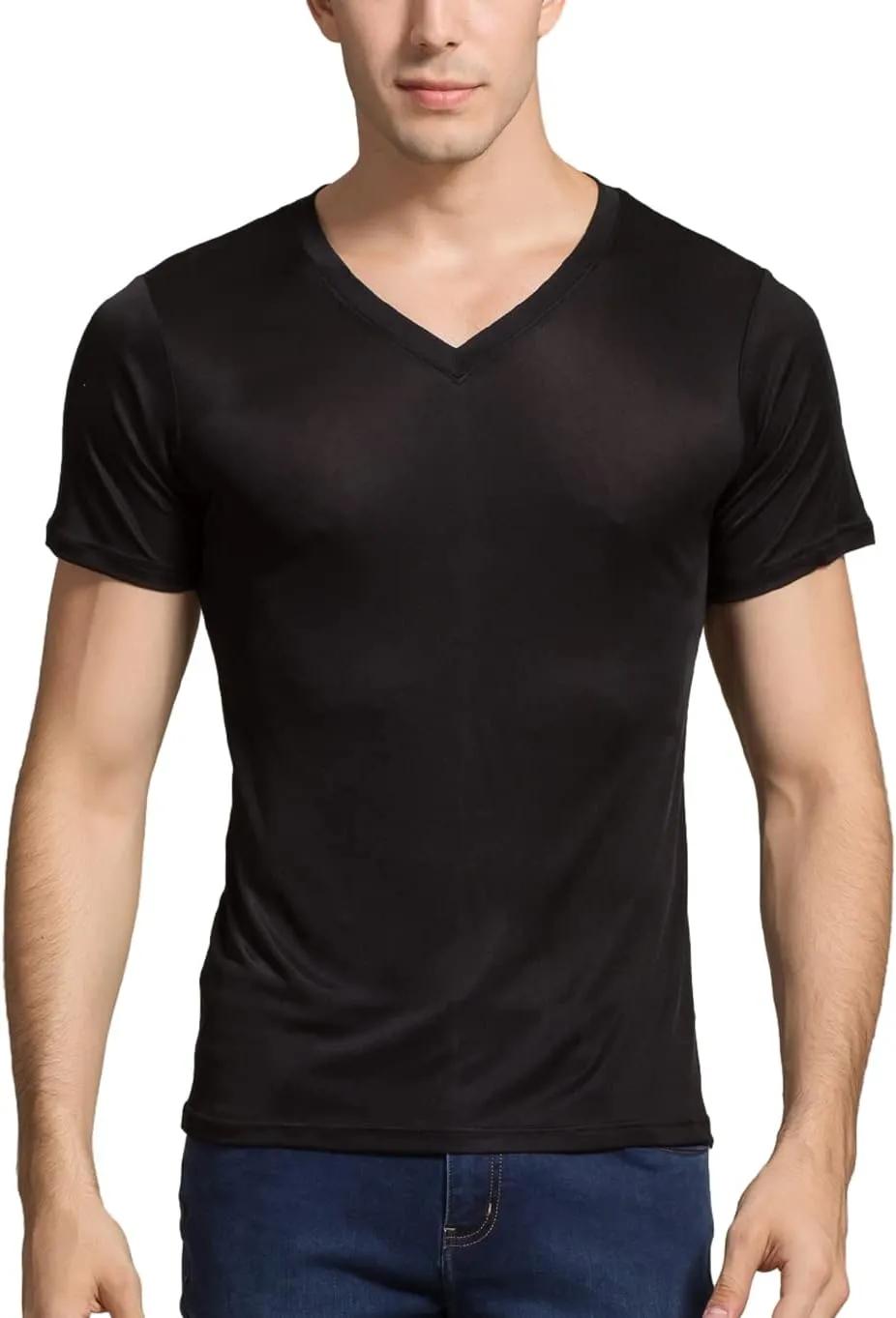 Grenasasilk Mens Mulberry Silk T-Shirts Short Sleeve Pure Silk Dress Tee Shirts Breathable & Moisture V-Neck Undershirt Top
