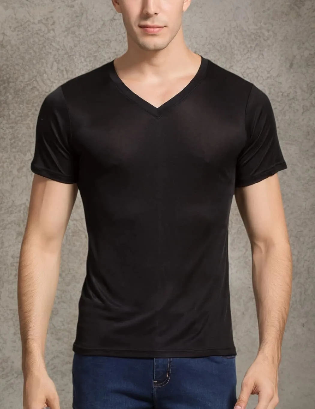 Grenasasilk Mens Mulberry Silk T-Shirts Short Sleeve Pure Silk Dress Tee Shirts Breathable & Moisture V-Neck Undershirt Top