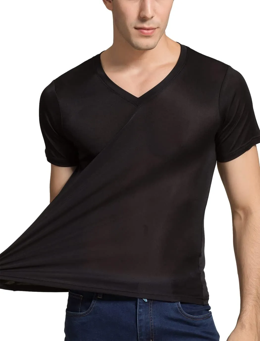 Grenasasilk Mens Mulberry Silk T-Shirts Short Sleeve Pure Silk Dress Tee Shirts Breathable & Moisture V-Neck Undershirt Top